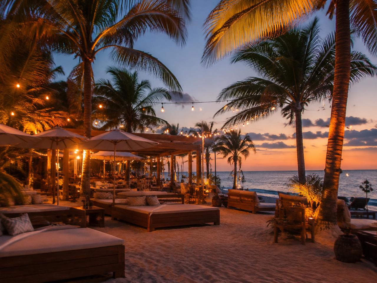 Upscale Caribbean beach club at dusk with daybeds, string lights, and palm trees