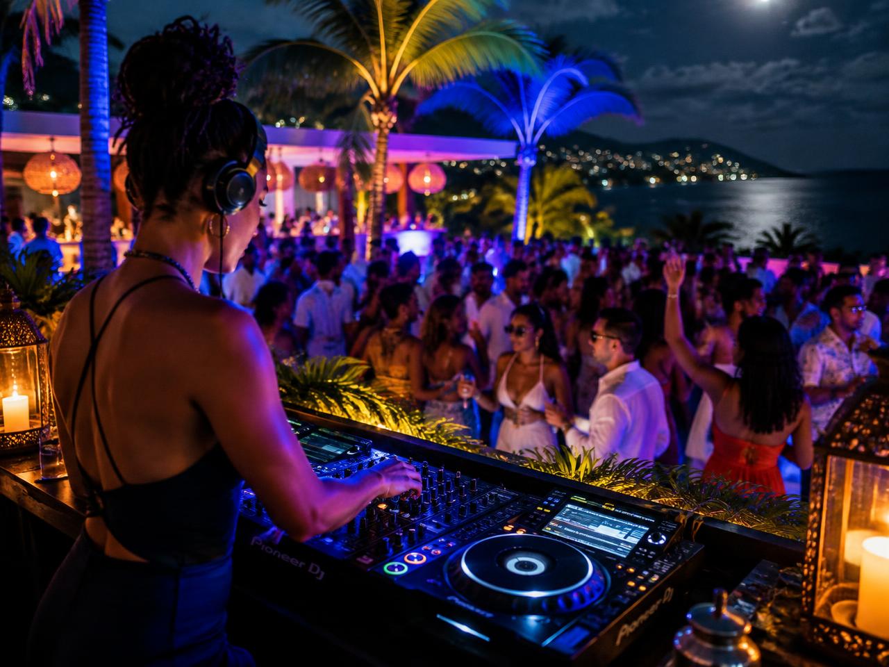 DJ playing to an open-air crowd at a Caribbean rooftop party at night