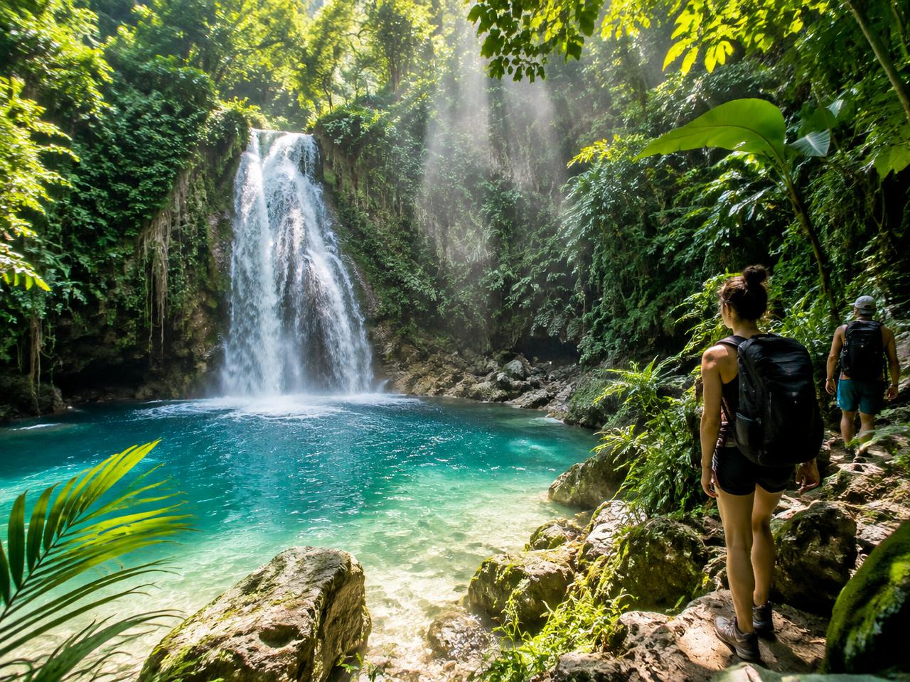 Hikers approaching a jungle waterfall falling into a turquoise pool