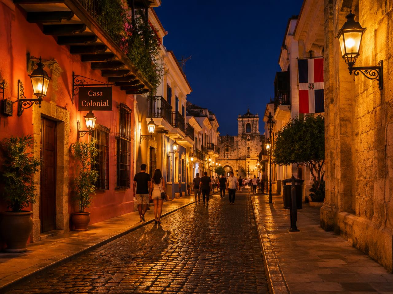Lantern-lit cobblestone street in the Zona Colonial of Santo Domingo at night